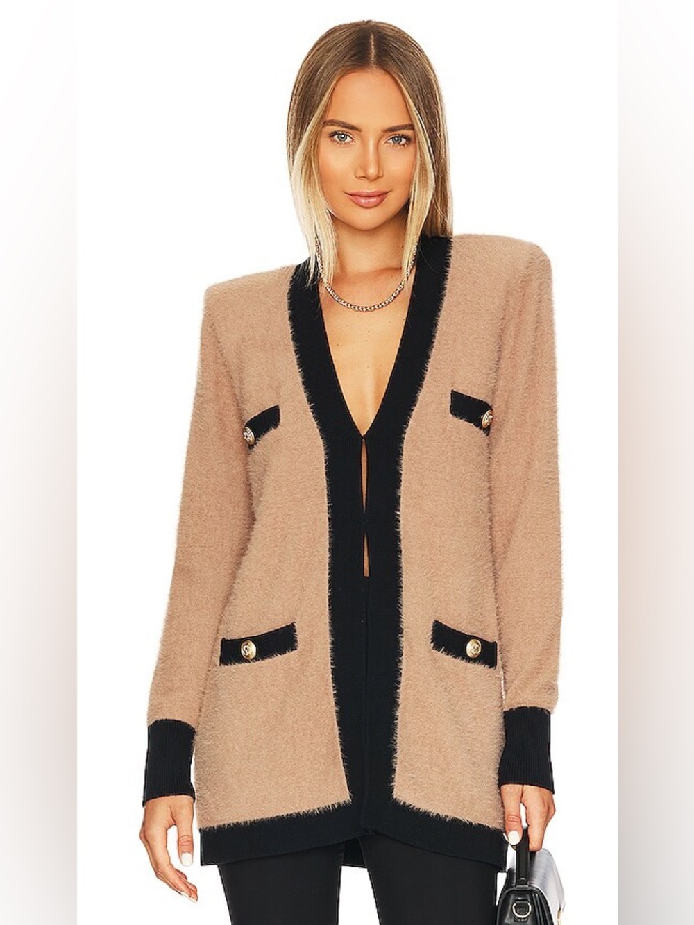 L’AGENCE Elin Four Pocket Cardigan in Camel & Black, Size Small